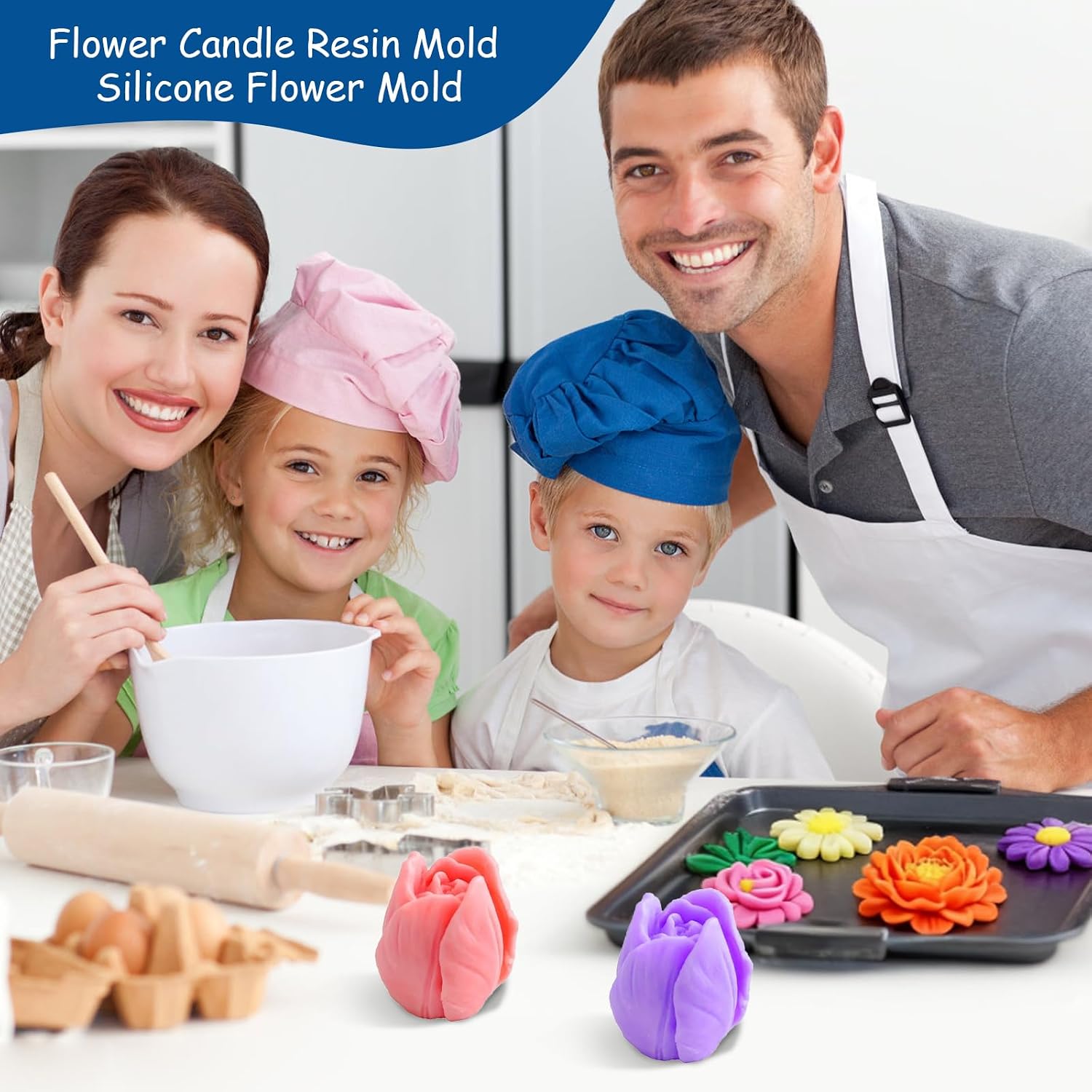 Flower Candle Resin Mold 6pcs 3D Heart Rose Tulip Daisy Peony Silicone Mold for Candle Soap Chocolate Making Valentine Mother Day Silicone Mold Rosas Silicona para Velas