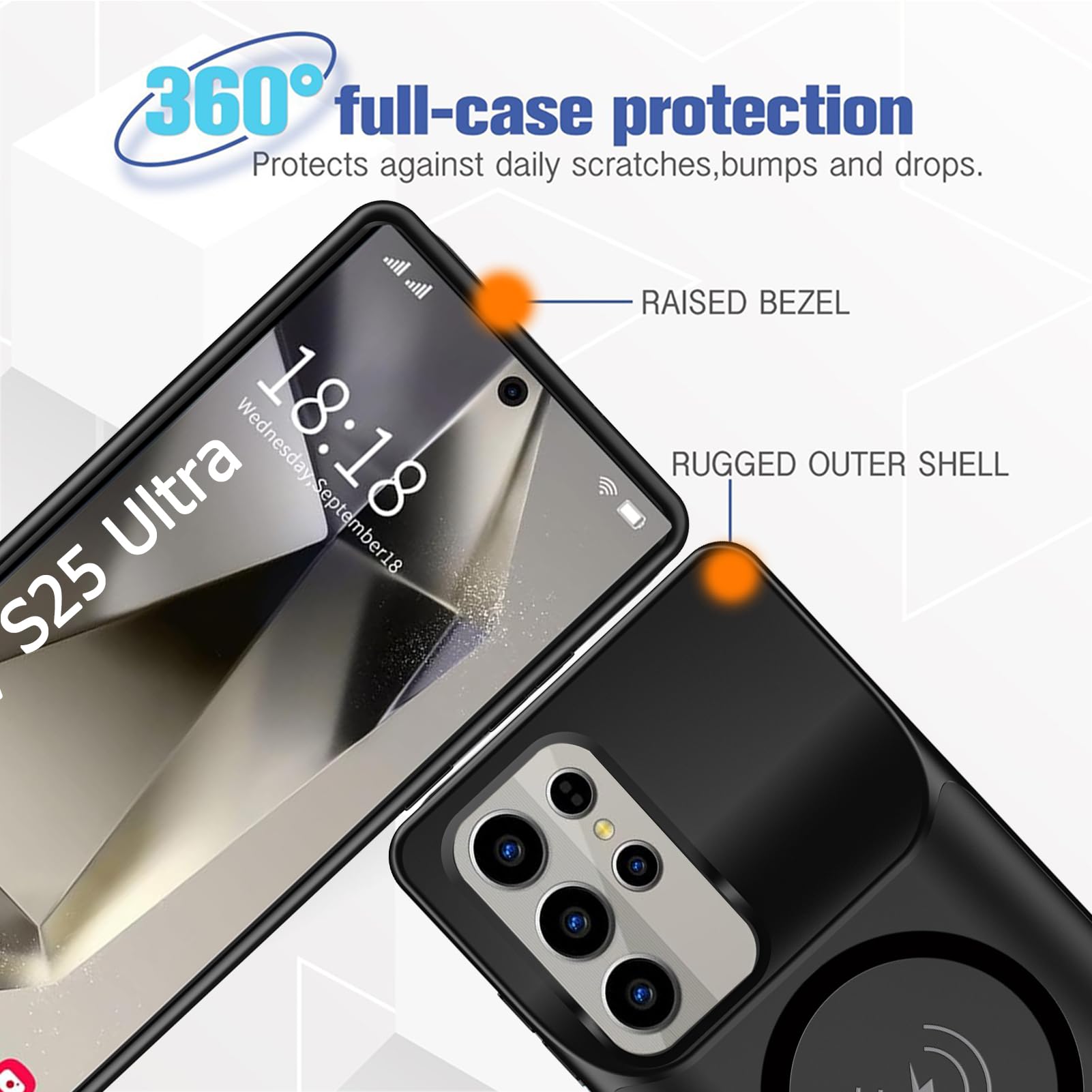 Cover a batteria per Samsung Galaxy S25 Ultra, 10000 mAh, magnetica, compatibile con ricarica wireless, custodia di protezione per caricabatterie di emergenza estesa, colore: Nero