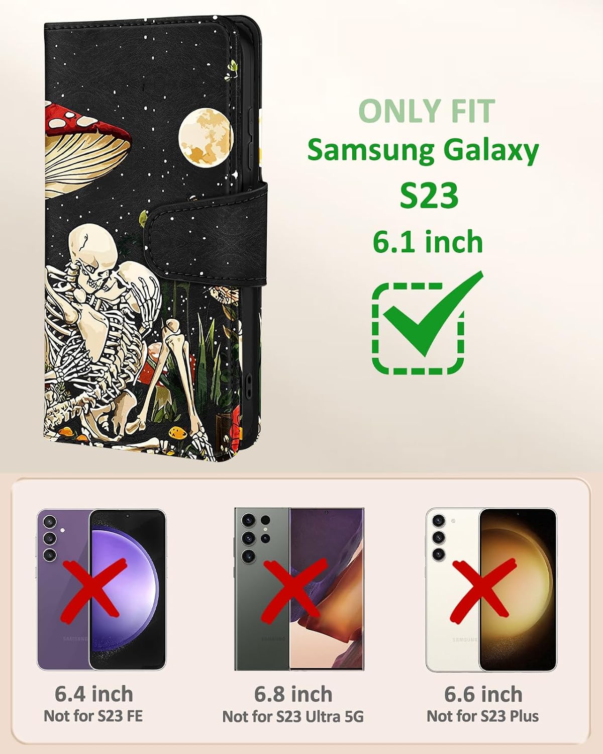Buleens for Samsung Galaxy S23 Wallet Case for Women - with Card Holder S23 Flip Case Leather Crossbody Cute Aesthetic Galaxy S23 Case with Strap Kickstand for Girls Girly, Mogu Skull image 2