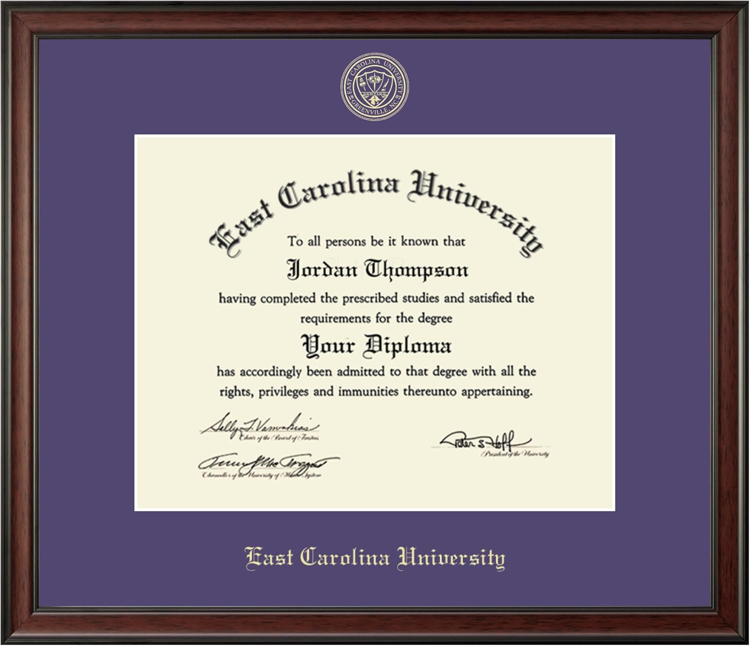 Church Hill Classics - East Carolina University 14" w x 11" h Diploma Frame - Fits a bachelor's, master's and phd - Gold Embossed Diploma Frame - Mahogany Moulding with Purple Matting