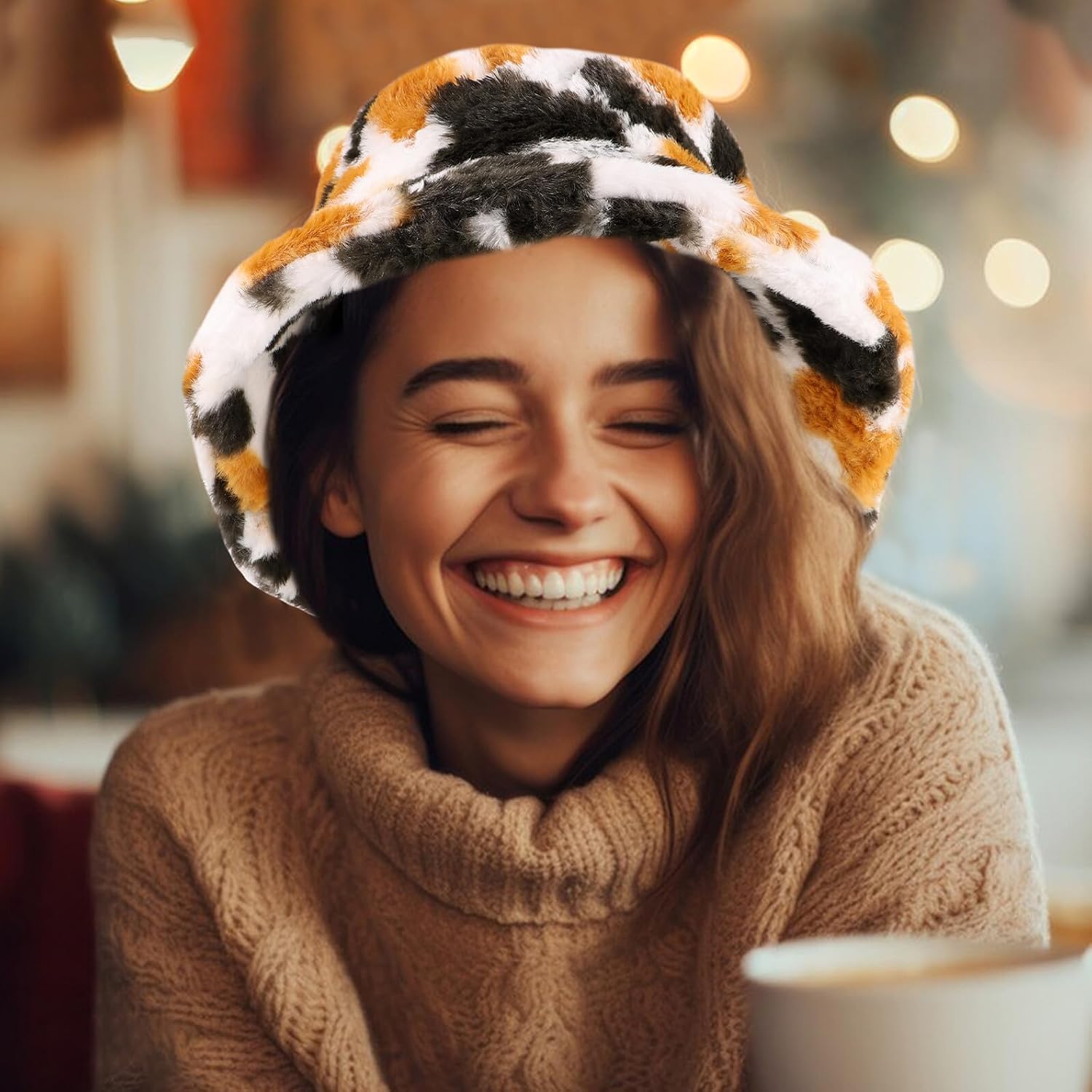 NOLITOY Plush Cow Print Bucket Hat for Women, Thick Warm Fuzzy Fisherman Cap, Comfortable Outdoor Winter Hat with Colorful Cow Pattern