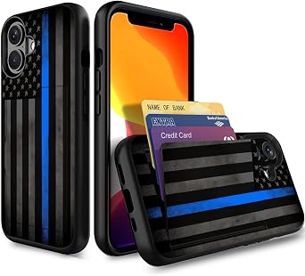 for iPhone 16 Case,Wallet Case Hidden Card Slot Holder Shockproof TPU and PC Dual Layer Protective Case Cover for iPhone 16 6.1 Inch 2024,Thin Blue Line American Flag
