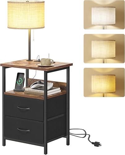 Miniatura 34 de Fixwal Mesita de noche con 3 cajones de tela, mesita de noche para dormitorio, mesita de noche con estación de carga, mesa auxiliar con Marrón