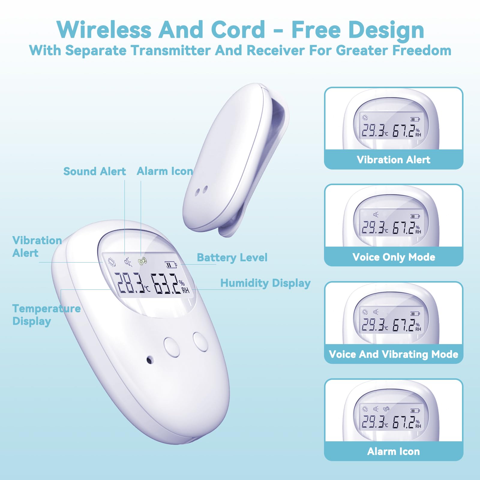 Wireless Allarme per Enuresi Notturna per Bambini, Allarme Pipì con Display per Temperatura e umidità, 3 modalità di Allarme, Ricaricabile USB, Alta Sensibilità, Cura dei Bambini e degli Anziani
