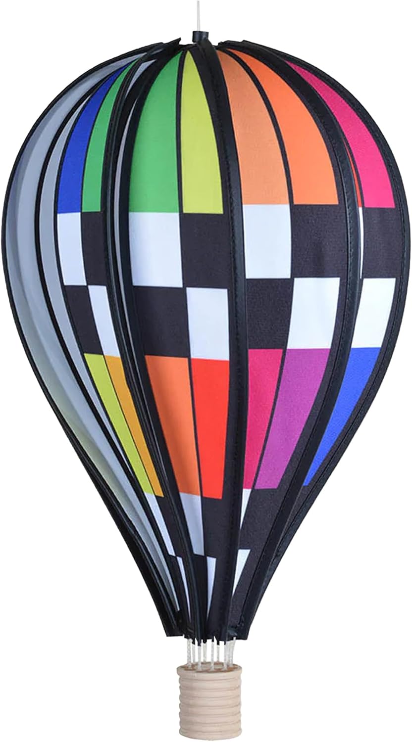 Hot Air Balloon Hanging Garden Spinner 18" - Vibrant Checkered Rainbow Design, Weather-Resistant Outdoor Decor, Durable & Lightweight for Patios, Yards, and Gardens - Eye-Catching Wind Spinner