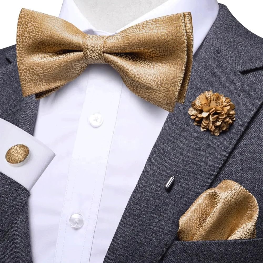 GSDFVIYT ストライプ蝶ネクタイ シルク セルフタイ 蝶ネクタイ ポケット スクエア カフスボタン ​​セット 結婚祝い