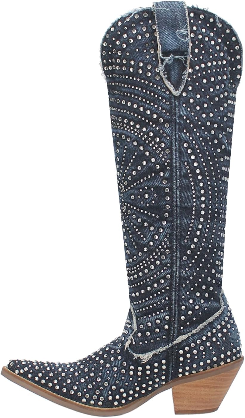 Dingo Womens Honkytonk Honey Rhinestone Snip Toe Casual Boots Knee High Mid Heel 2-3" - White