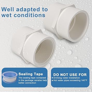 1-1/2 Inch PVC Female Thread Adaptor White 2-Way PVC Pipe Coupling Adapter Connectors With 1.5 Female Thread Schedule 40 (Pack of 2)