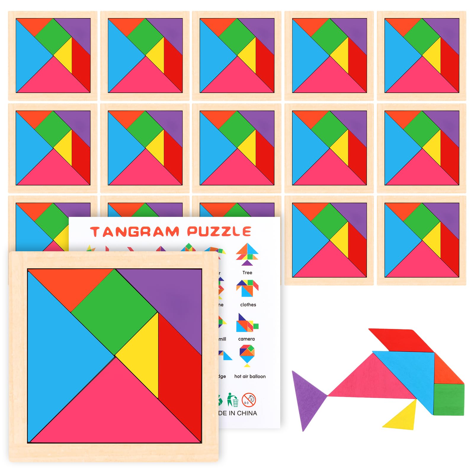 16 Gioco Tangram in legno per bambini, Tangram Jigsaw Puzzle in Legno, Divertenti Giocattoli Educativi Rompicapo di Apprendimento