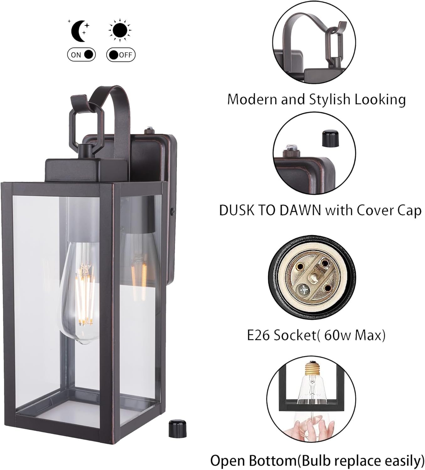 YN-WL009 Outdoor Wall Sconce with Dusk to Dawn Photocell Sensor, Traditional One Light Porch Light, Weather Resistant, Stainless Metal Housing, Clear Glass, Oil Rubbed Bronze, 2-Pack