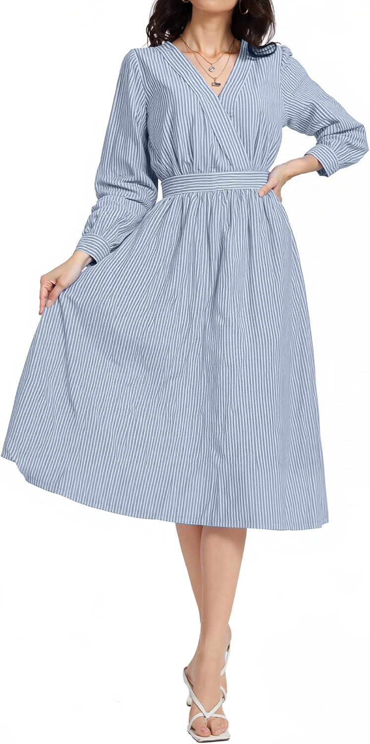 LUXEBOLD Women's Long Sleeve V Neck Maxi Dress Striped Casual Flowy A-line Mid Dress Elastic Waist Long Dresses with Pockets