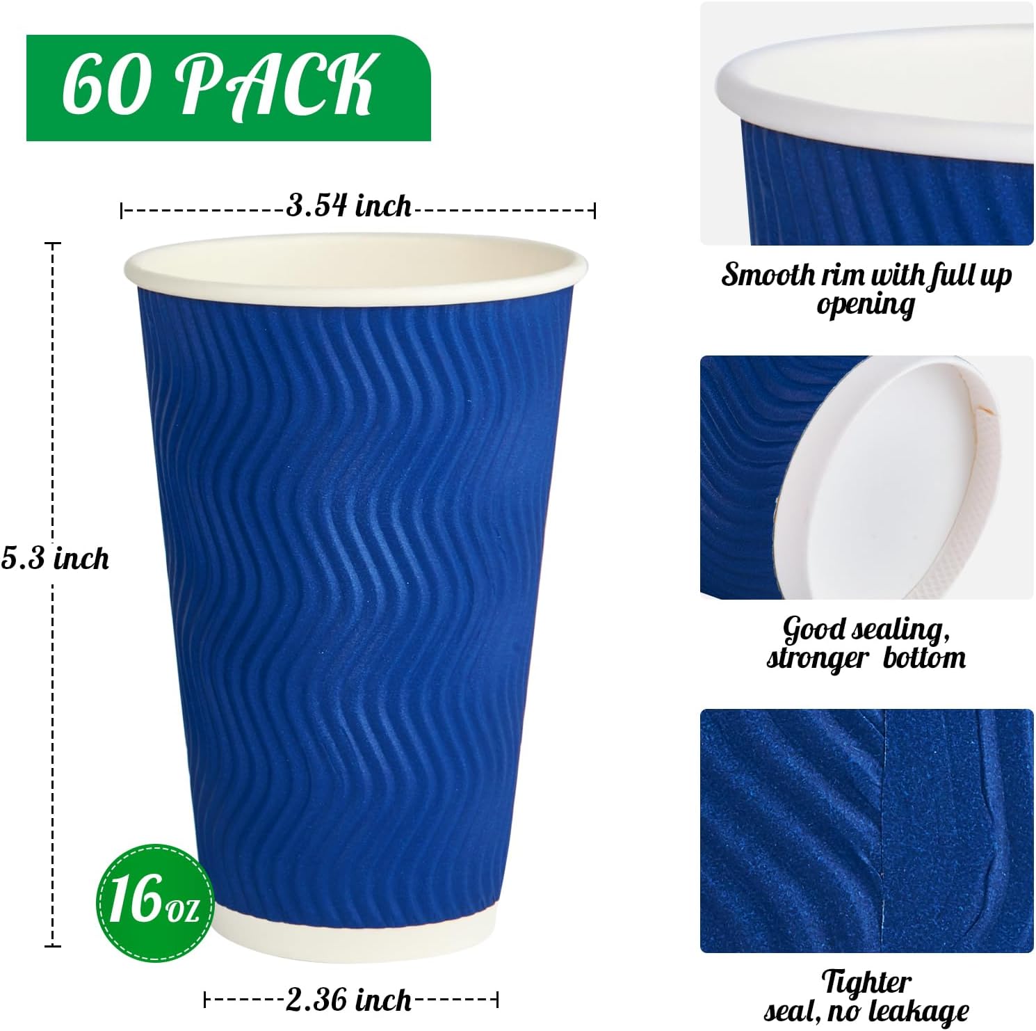 JollyPack Paper Coffee Cups, 16 oz, Blue, 60 Pack, Heat Resistant, Disposable, Ripple Wall, for Coffee, Tea, Hot Chocolate - Image 2