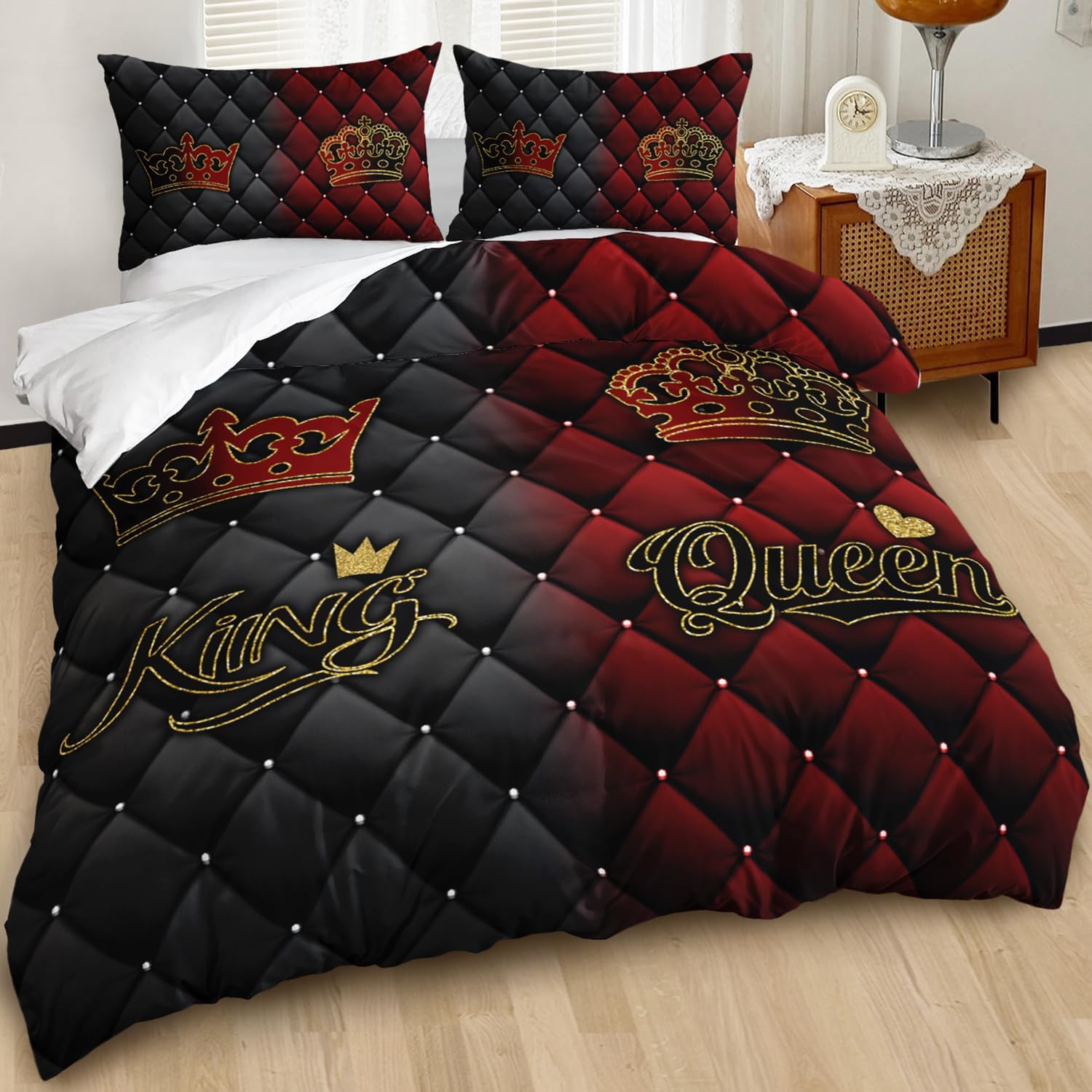 AILONEN Black and Red Duvet Cover Set,King and Queen Printed Crown Love Couple Bedding Set for Gift King Size,Girls Comforter Cover,1 Quilt Cover + 2 Pillowcases 3-Piece,Soft Microfiber - Image 2
