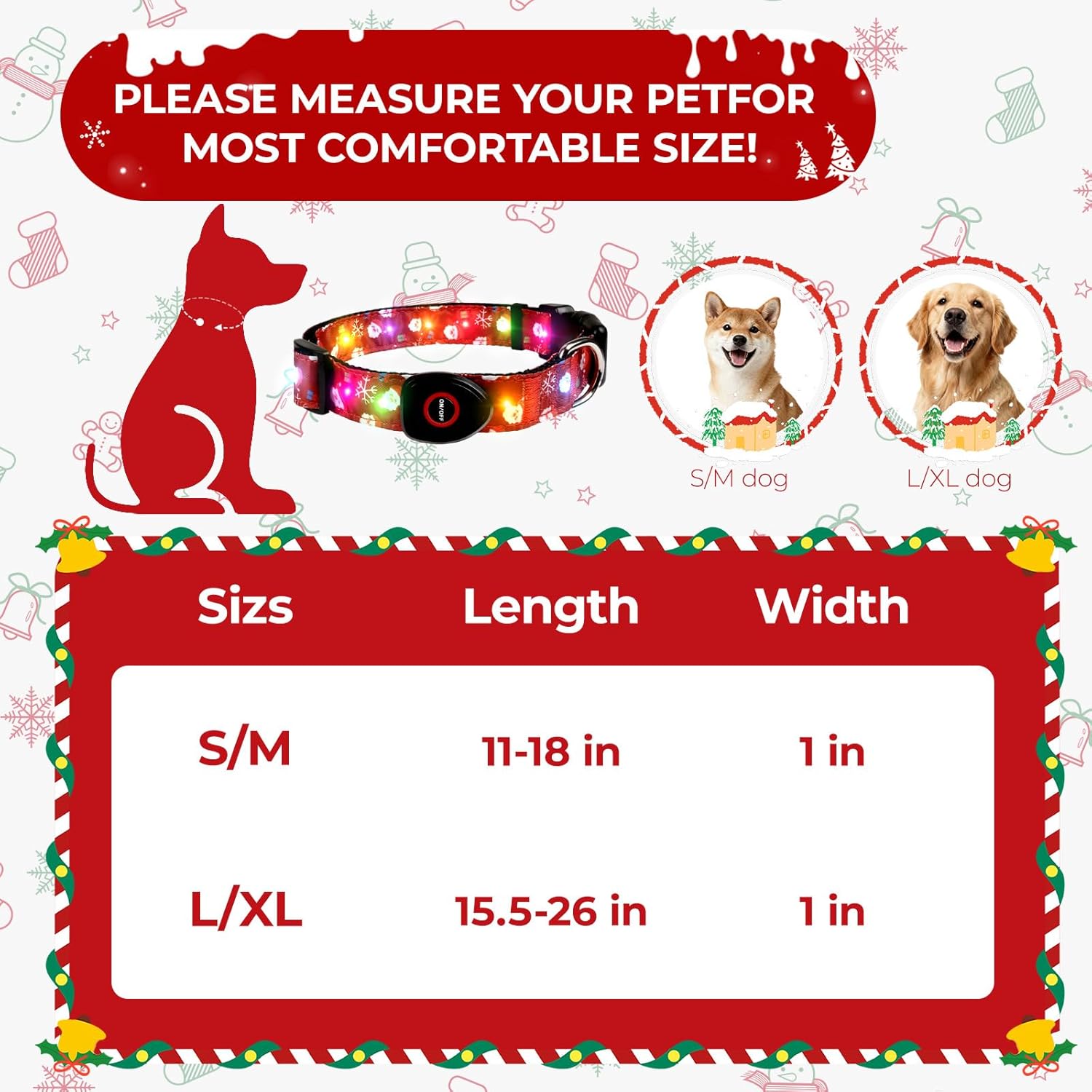 Christmas Light Up Dog Collar, LED Dog Collar Glow in The Dark - USBC Rechargeable, 3 Flashing Modes, Fashionable Cute Glowing Dog Light Up Collars for Medium Large Dogs, Santas M