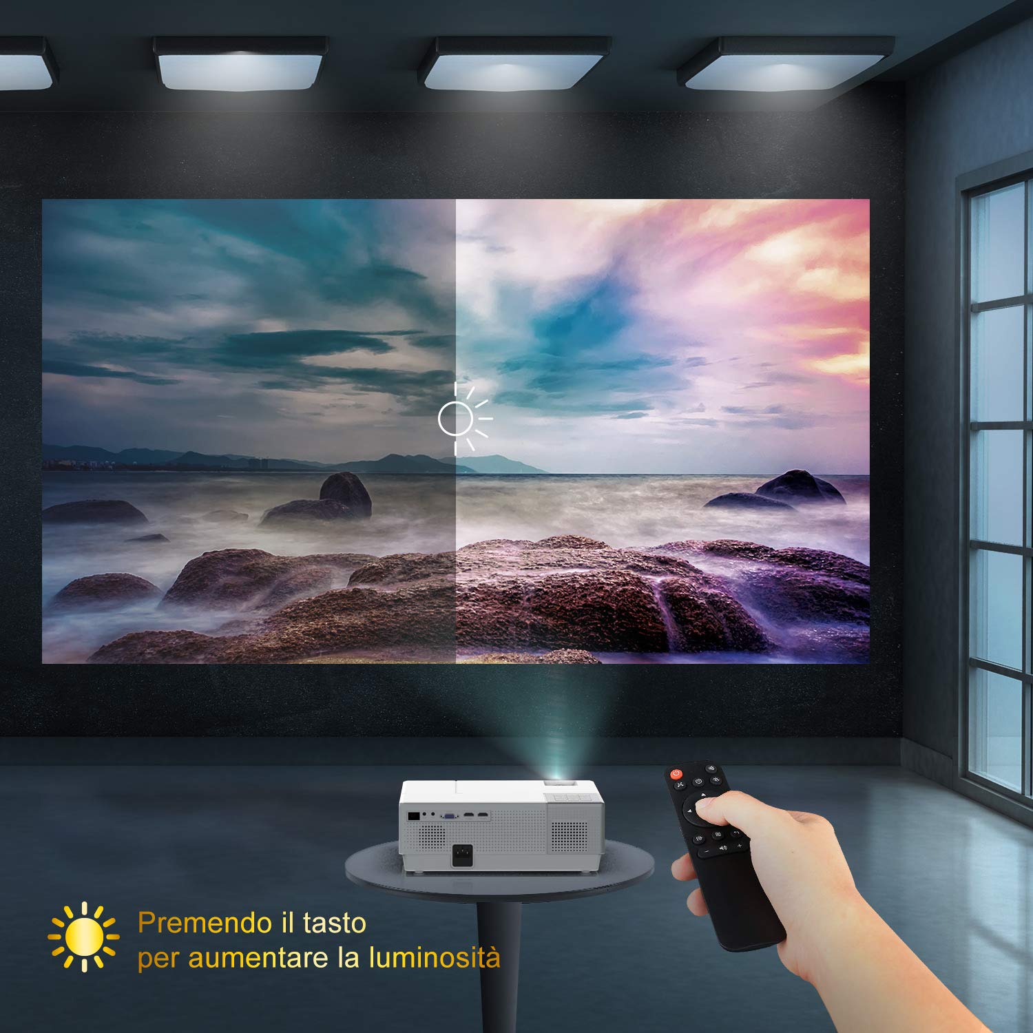 YABER Proiettore, 7200 Lumen Videoproiettore 1080P Nativa (1920x1080) ±50° Trapezoidale Correzione Led Full Hd 350" Videoproiettore Domestico Per Iphone, Smartphone, Pc, Tvbox, Laptop, Ps4
