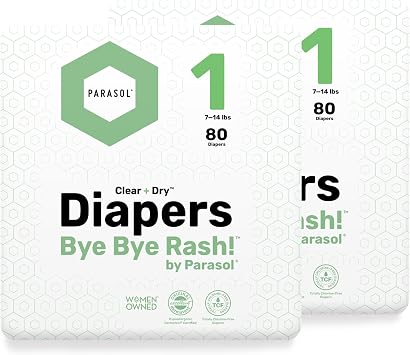PARASOL Clear+Dry Disposable Diapers, RashShield Protection, Leakproof Design, Hypoallergenic, Size 1 7-14 lbs, 160 Count