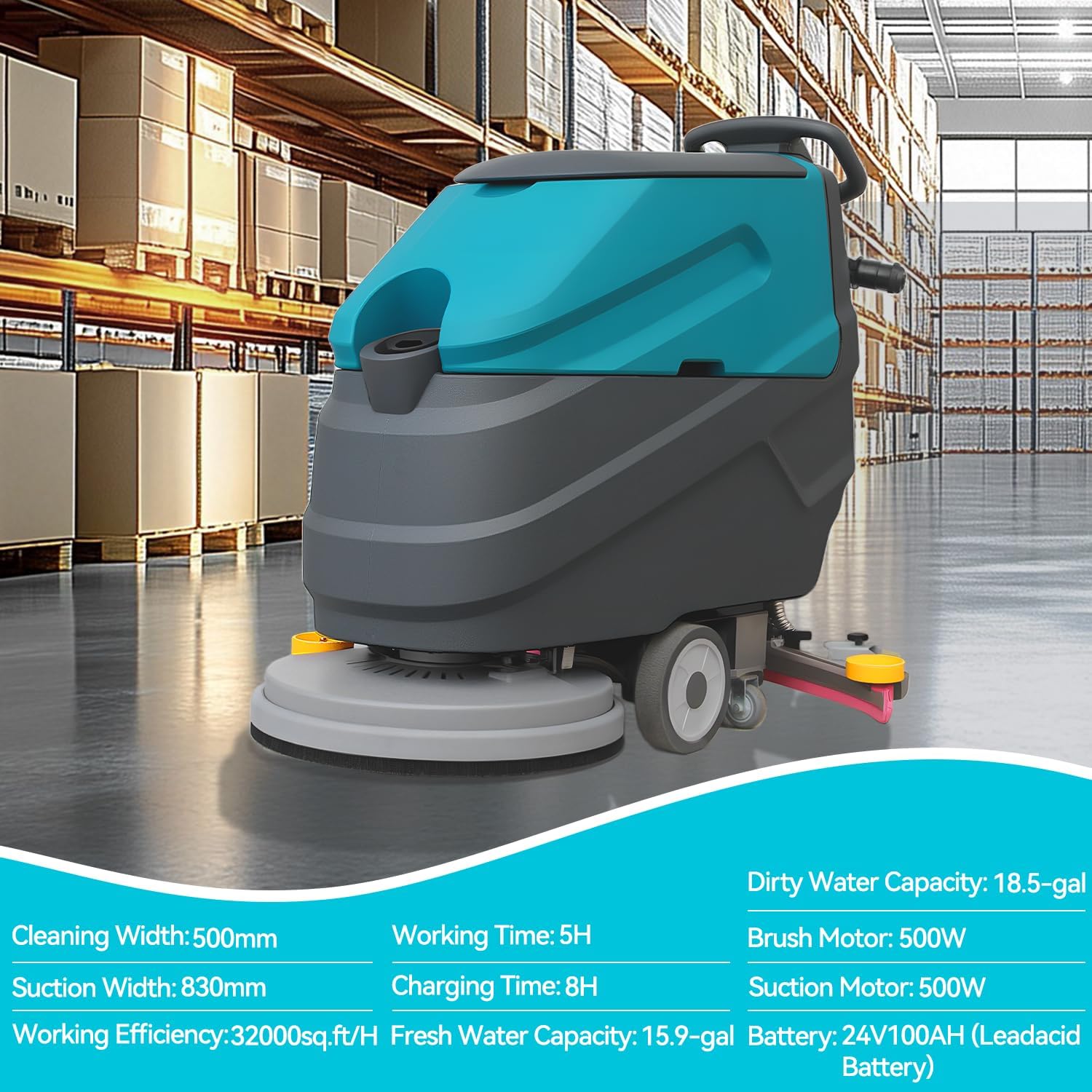 Walk-behind Floor Scrubber Machine, 22" Cleaning Width, 31.5" Suction Width, 18.5-gal Sewage Tank, 15.9-Clear water tank, 32000 Sqft/h, Complete Set of Parts