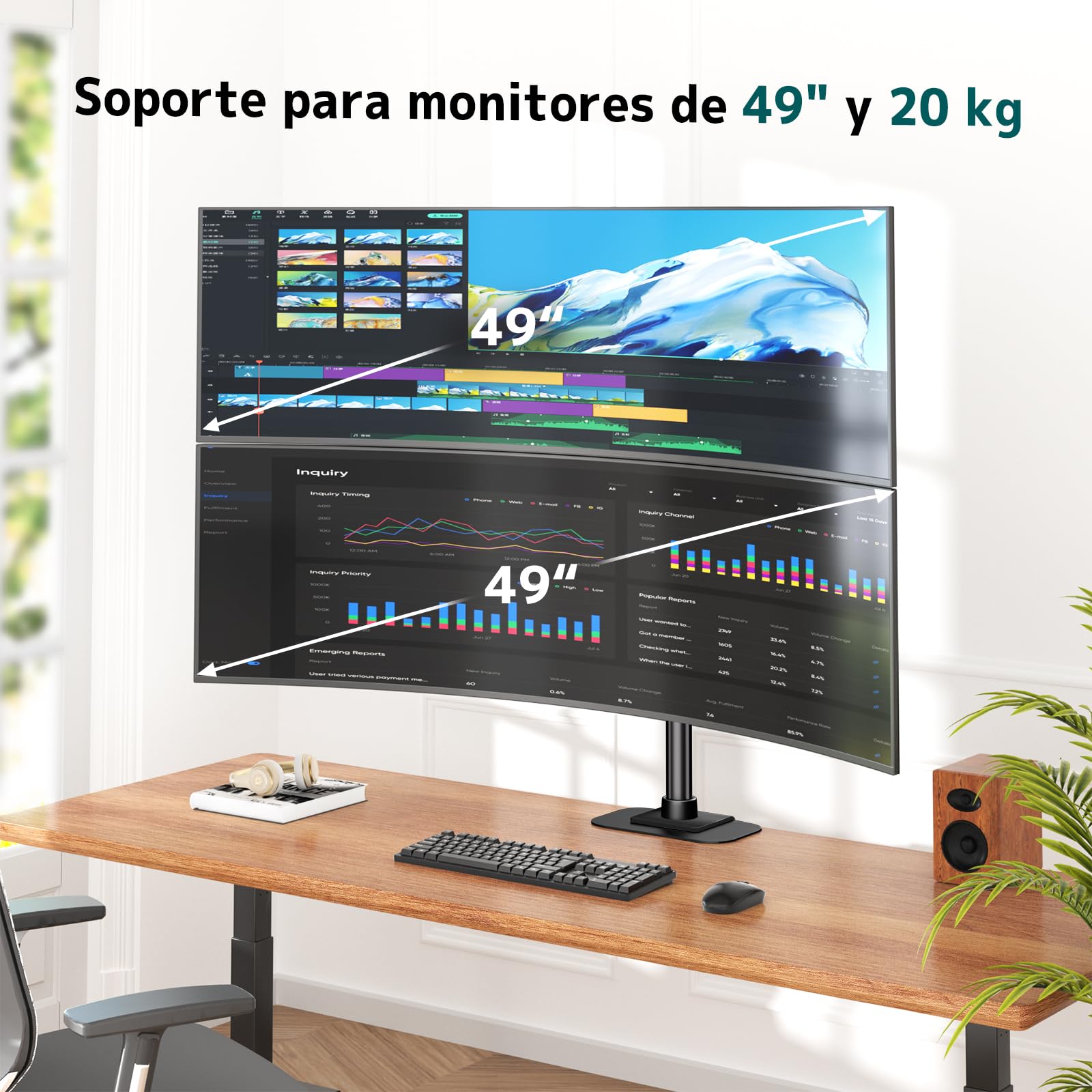Soporte de Monitor Doble Robusto – Brazo Articulado Totalmente Ajustable para Pantallas Planas y Curvas de 17″ – 49″ Pulgadas, Soporta hasta 20 kg por Brazo, Montaje VESA de Liberación Rápida