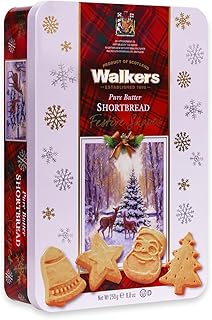 Walker’s Assorted Shortbread Cookies in Festive Shapes - Shortbread Cookie Tin (8.8 oz) - Includes Christmas Tree, Bell, Star and Santa Claus Shaped Christmas Cookies in Tin