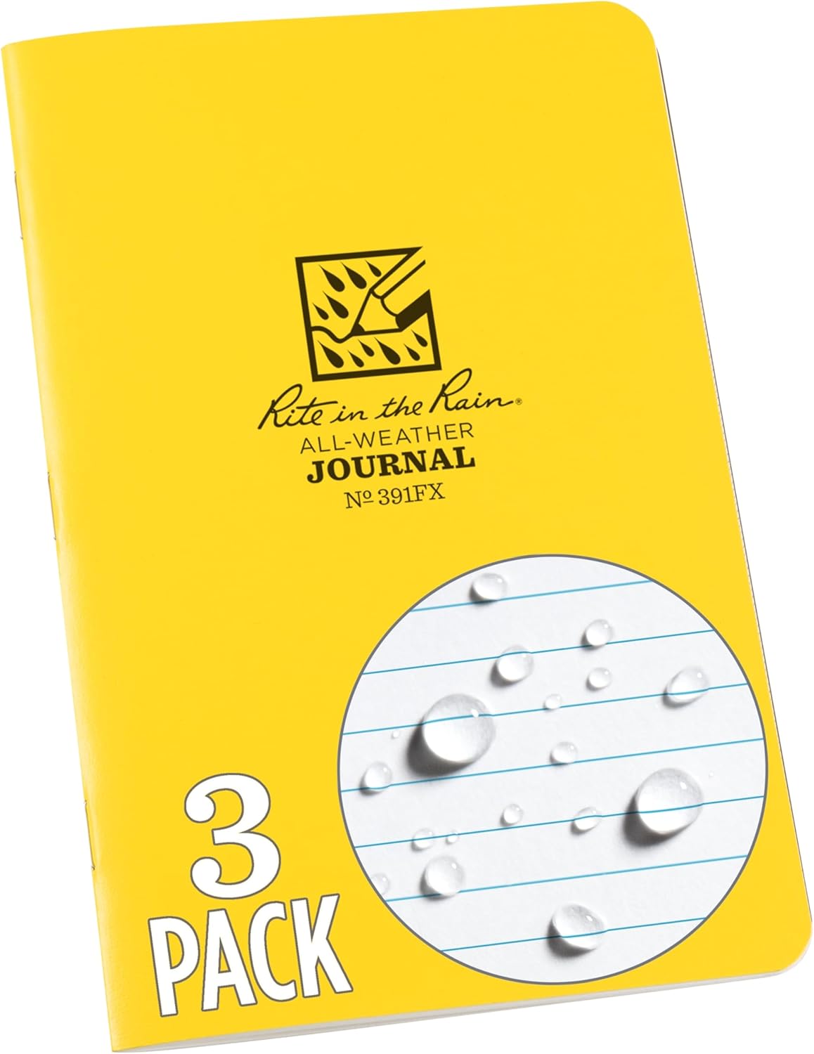 Rite in the Rain Weatherproof Stapled Notebook, 4.625" x 7", Yellow Cover, Journal Pattern, 3 Pack (No. 391FX)
