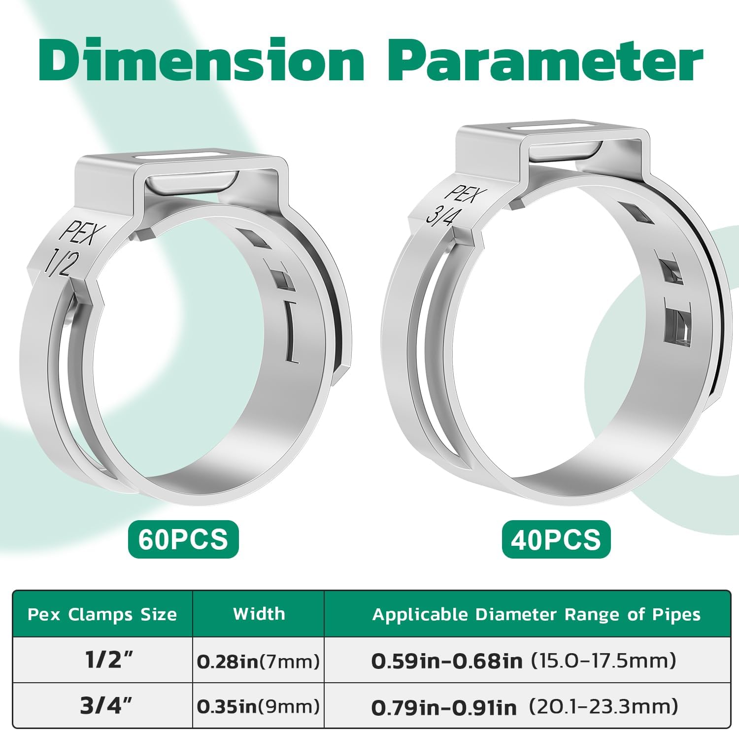 100PCS Pex Crimp Rings Assortment,304 Stainless Steel Pex Clamps 1/2",3/4" Single Ear Hose Clamps,Pex Cinch Clamps for Pex Fittings Pipe Tubing