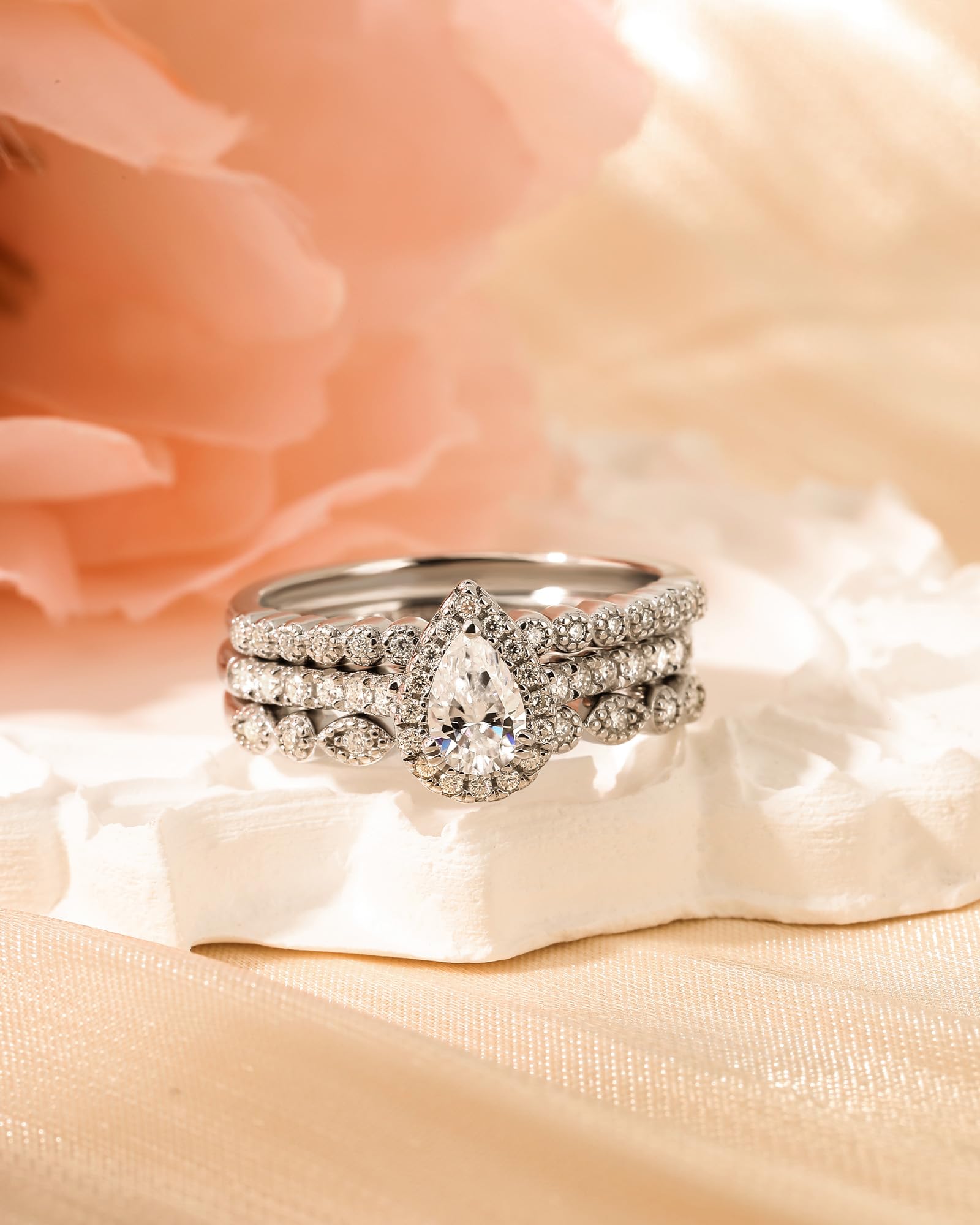 Damen Moissanit Band Ring Set Birnenschliff Vorsteckring 925 Sterling Silber Stapelring Rundschliff Silberring Austauschbar Ewigkeitsring Schmuckset für Frauen Geschenk