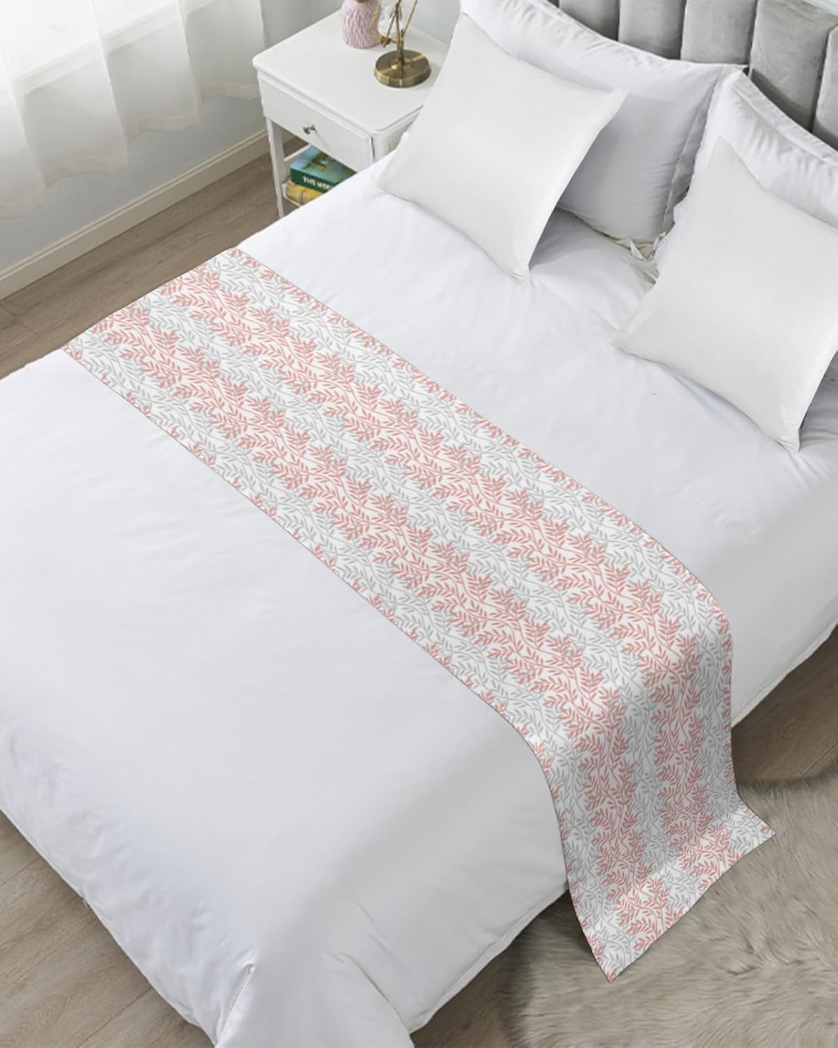 Blush Pink Bed Runner for Full/ Queen Size Bed, Bedspread Protector Slipcover Bed Scarf for Foot Bed Runners & Scarves for Bedroom Hotel Wedding Room 83x20 Inches Farmhouse Country Forest Leaves Grey