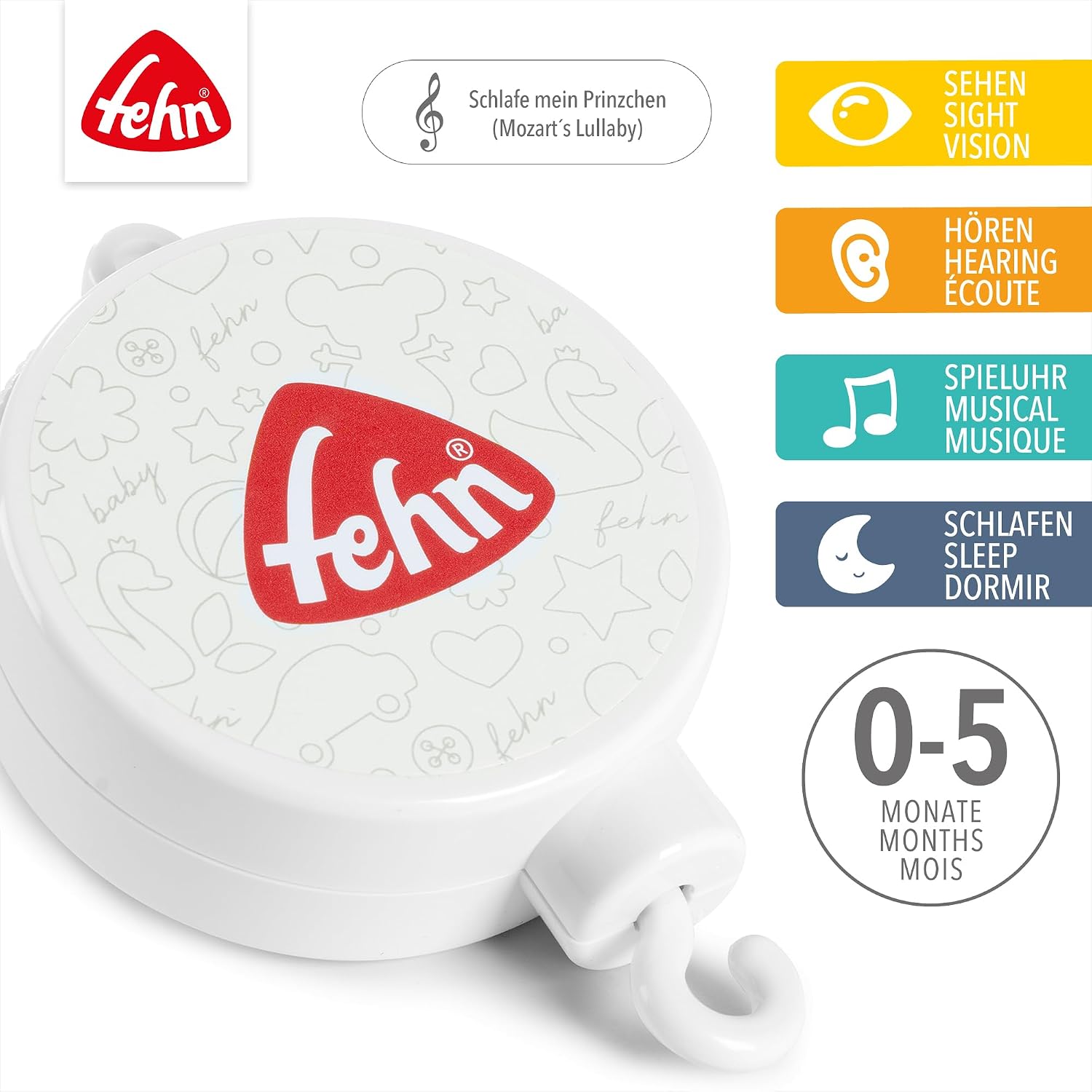 Fehn Mozart Music Box - Sleep Aid with Mozart Lullaby Melody - Musical Toy Suitable for All Musical Mobile Phones - for Babies and Toddlers