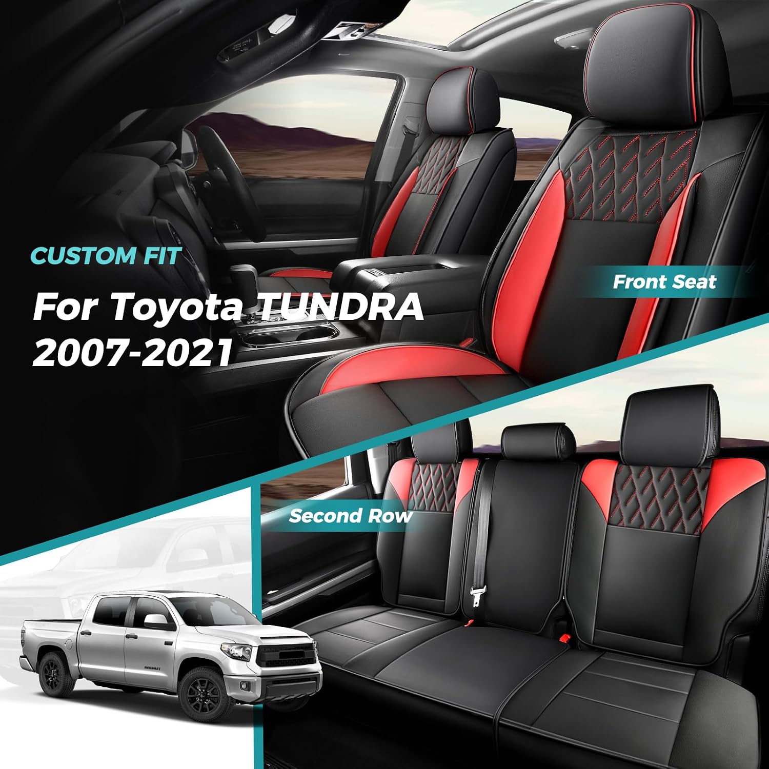 tundra seat covers full set, custom fit for toyota tundra 2007-2021 crewmax cab, faux leather truck seat covers blackred