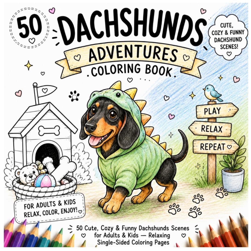 Dachshunds Adventures Coloring Book: cute cozy and funny daschshunds scenes (Cozy Dog Adventures Coloring Book Series)