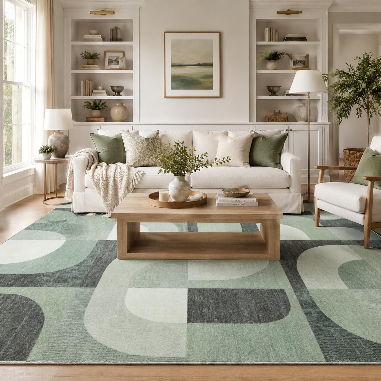 8X10 Area Rugs for Living Room Bedroom,Modern Abstract Large Carpet Green Rug 8x10 for Dining Room Office,Non Slip Washable Print Faux Wool Thin 8 by 10 Indoor Nursery Kids Home Pet & Child Friendly