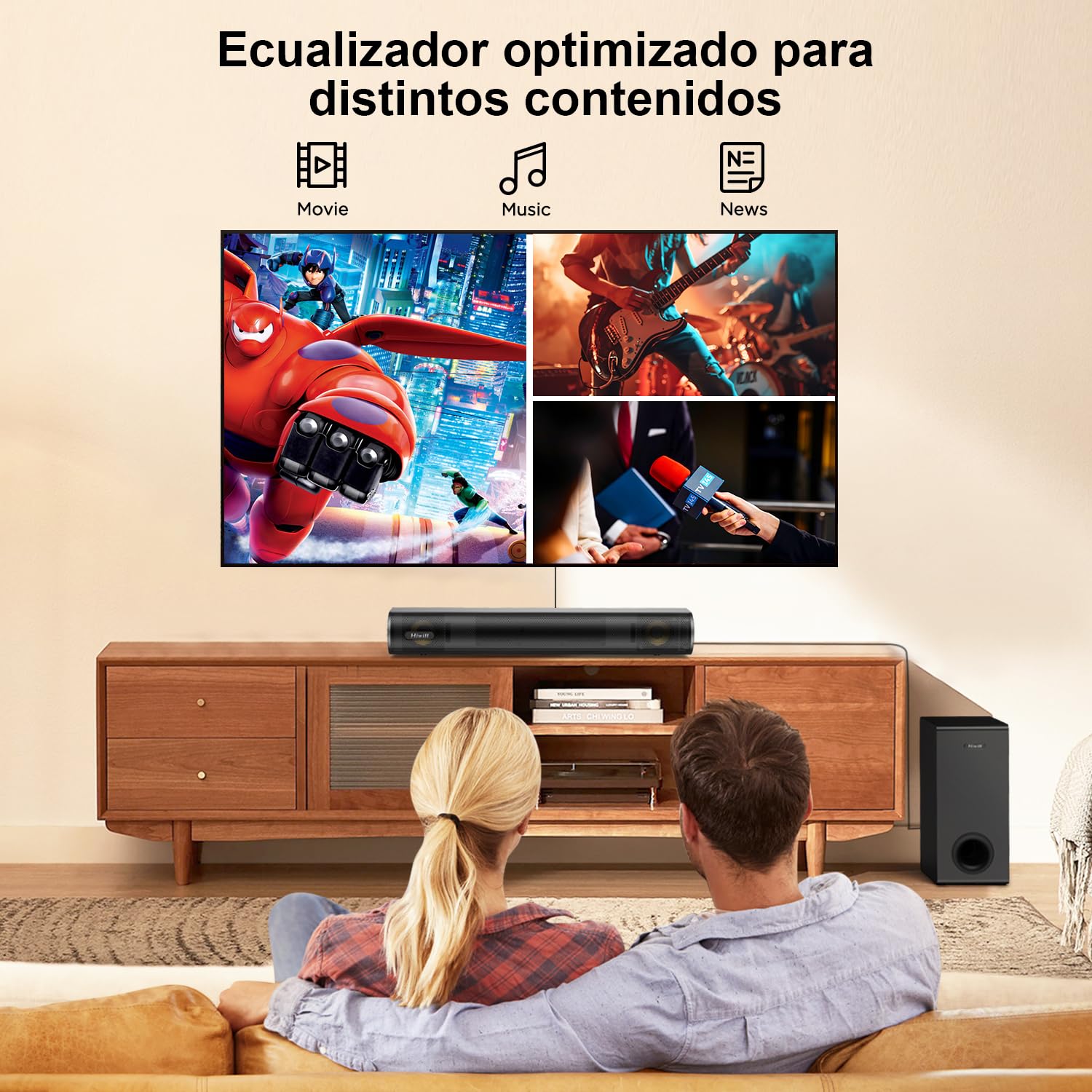 Hiwill 2.1CH Barra de Sonido Dolby Atmos, Barra de Sonido TV con subwoofer Grande de 5,25'', Agudos y Graves Ajustables, Altavoces Home Cinema, eARC/ARC/Opt/BT/AUX, HiElite A21