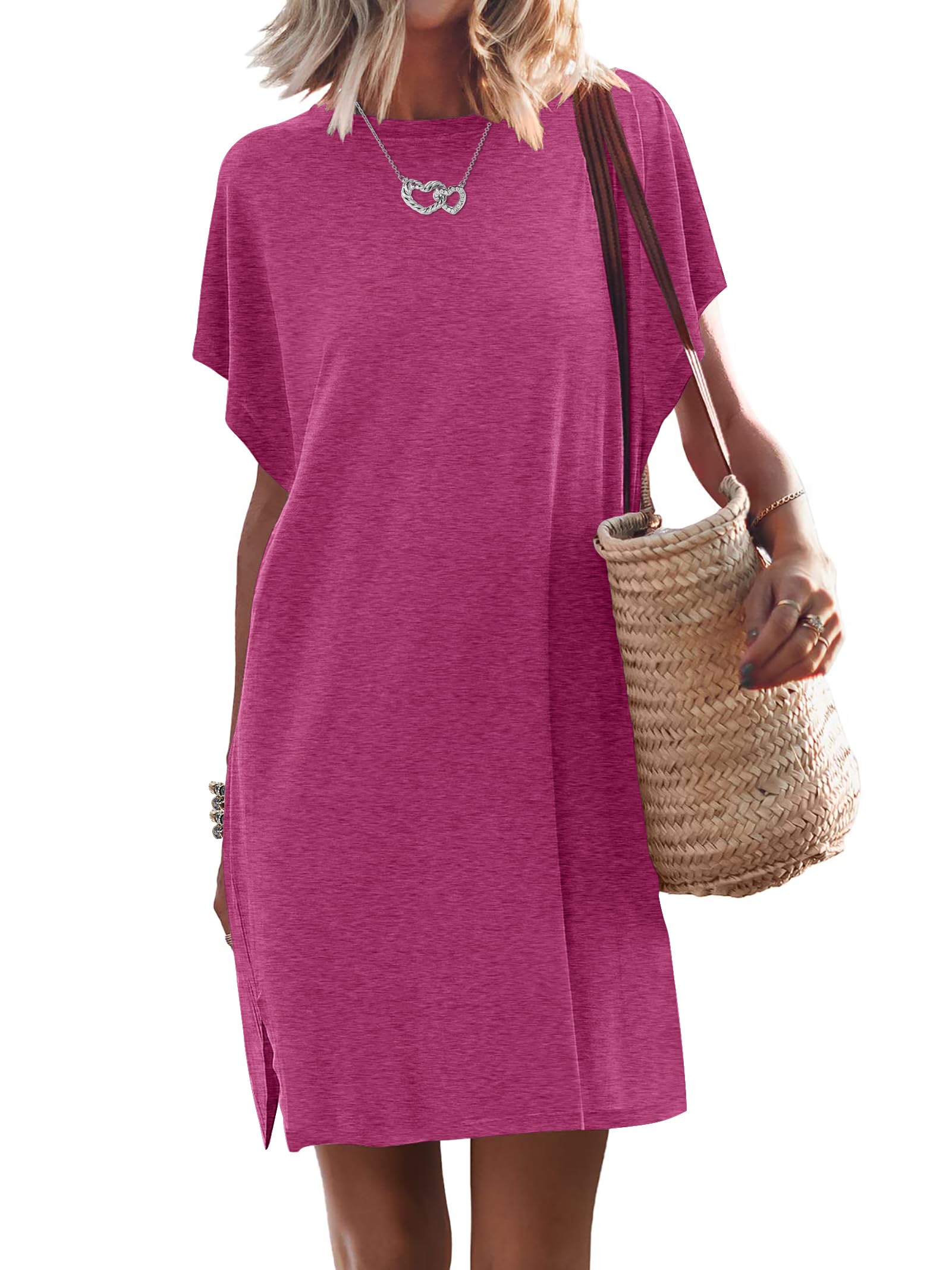 WNEEDU Women's Summer Dress Short Sleeve T Shirt Dress Casual Loose Beach Cover ups Crew Neck Slit Mini Dress with Pockets