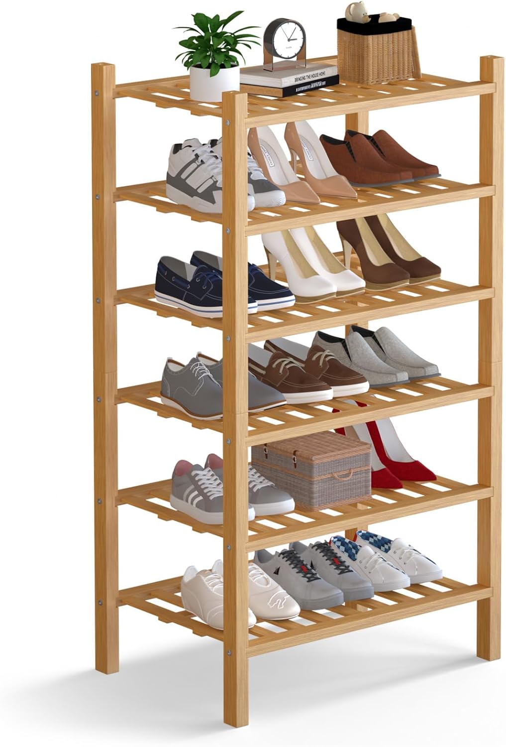 Haddockway Small 6 Tier Bamboo Shoe Rack Storage Organizer,Multifunctional Free Standing Stackable Shoe Shelf with Grid Panel for Closet,Hallway,Entryway,Small Space 18"x11"x34"