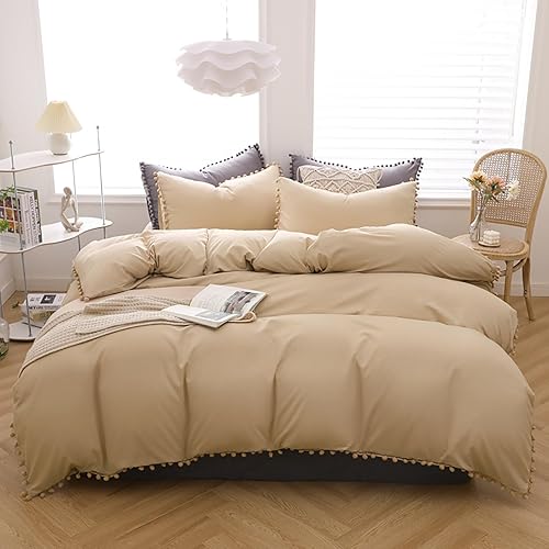Luxlovery Juego de edredón beige con pompones, juego de ropa de cama King con borlas de flecos, estilo bohemio champán, vintage, elegante, color