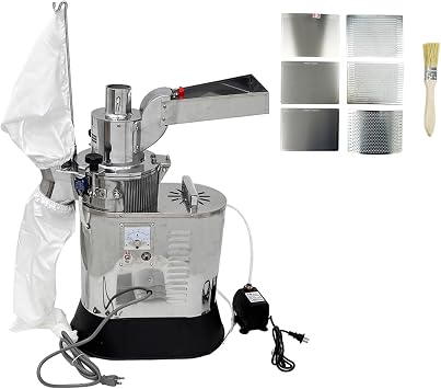 Hammer Mill Grinder Stainless Steel Grain Powder Grinder with 7 Screen Meshes Electric Water Cooled Continuous Feeding Herb Spice Pulverizer 110V Grinding Machine for Dry Material to Powder