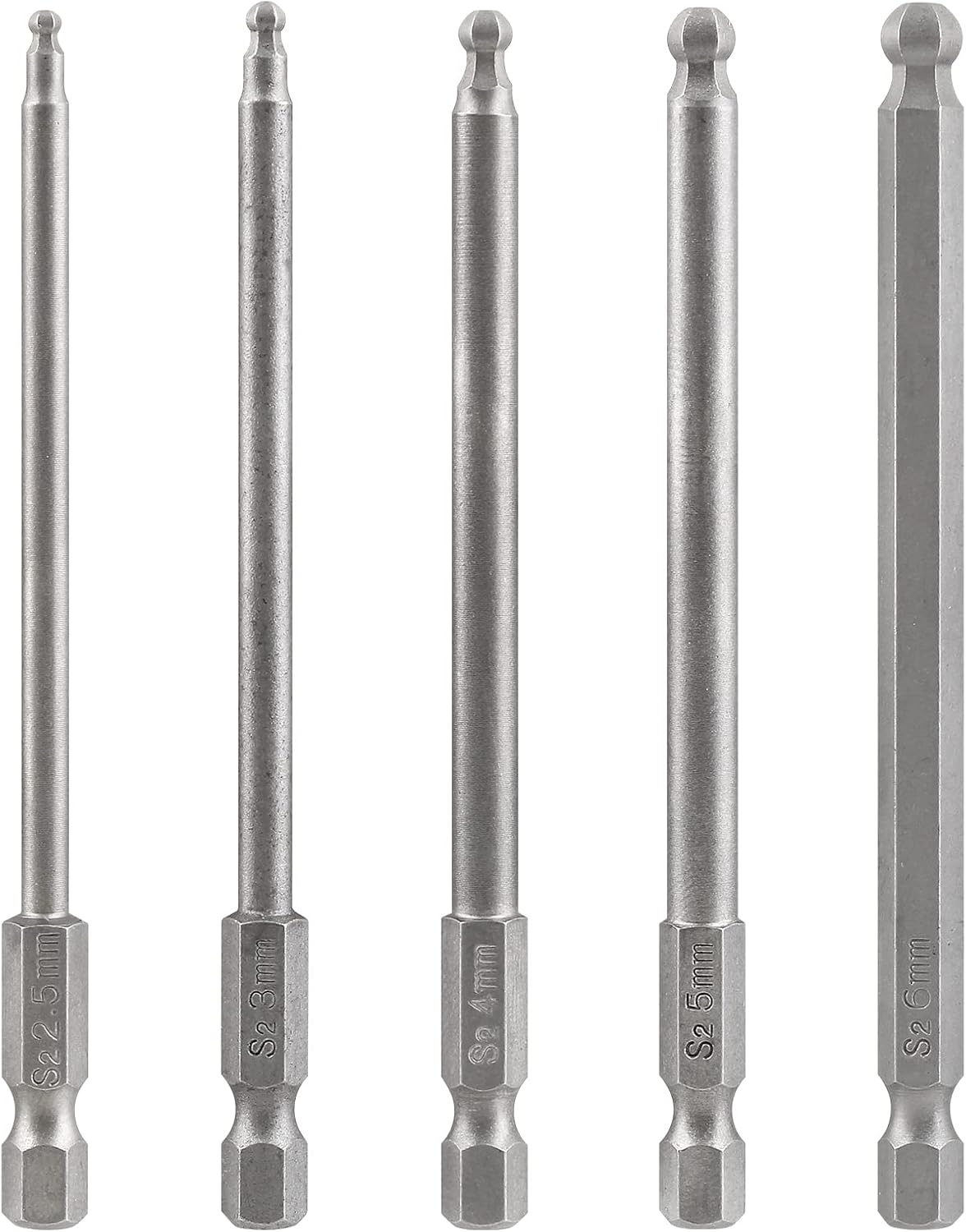 5Pcs Ball End Metric Hex Bit Set 100 mm/4 Inch Length S2 Steel Magnetic Ball End Hex Screwdriver Bit Set with 1/4 Inch Hex Shank, 2.5MM 3MM 4MM 5MM 6MM Ball Hex Driver Bits For Power Tools
