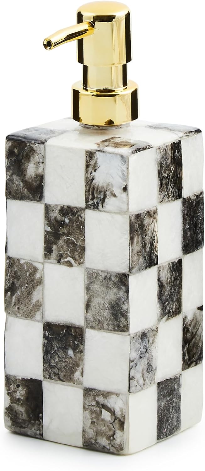 MACKENZIE-CHILDS Capiz Soap Pump, Liquid-Soap Dispenser for Bathroom or Kitchen, Black-and-White Courtly Check