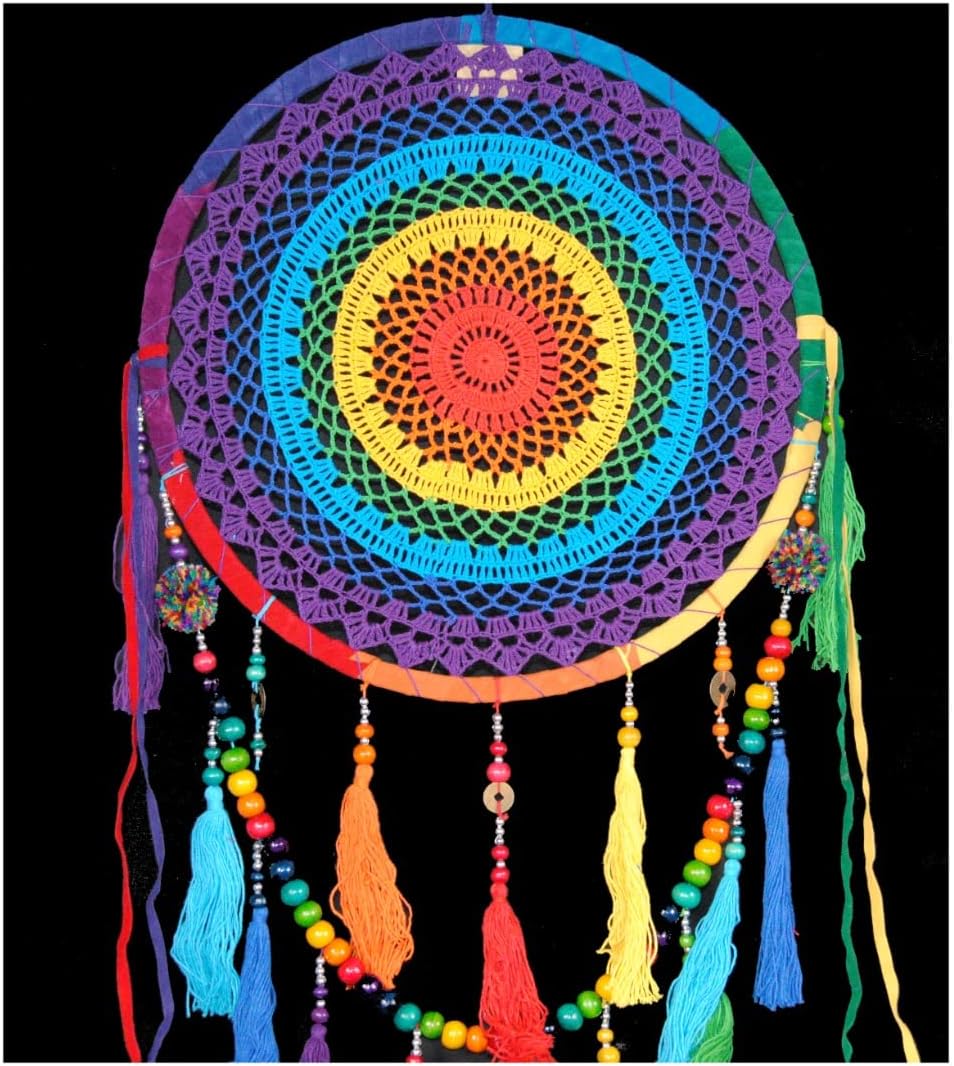 Fair Trade Handmade Rainbow Crochet Dreamcatcher 41cm Dia / 16''
