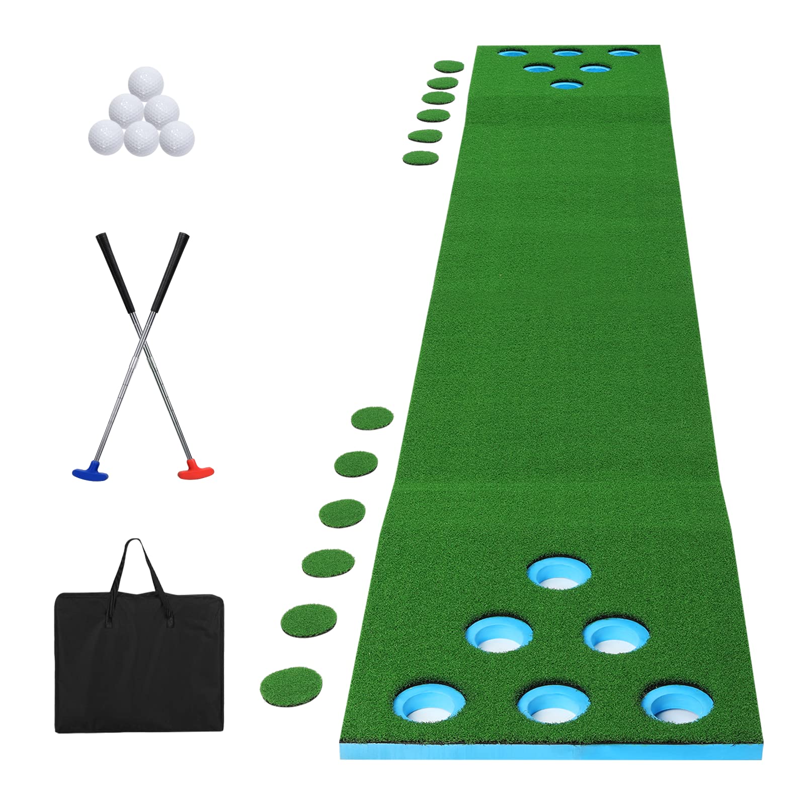 Golf Pong Putting Game – Golf Putting Mat with 2 Golf Putters + 1 Portable Bag + 6 Golf Balls + 12 Hole Covers, Golf Game Set for Indoor/Outdoor Party Game Use