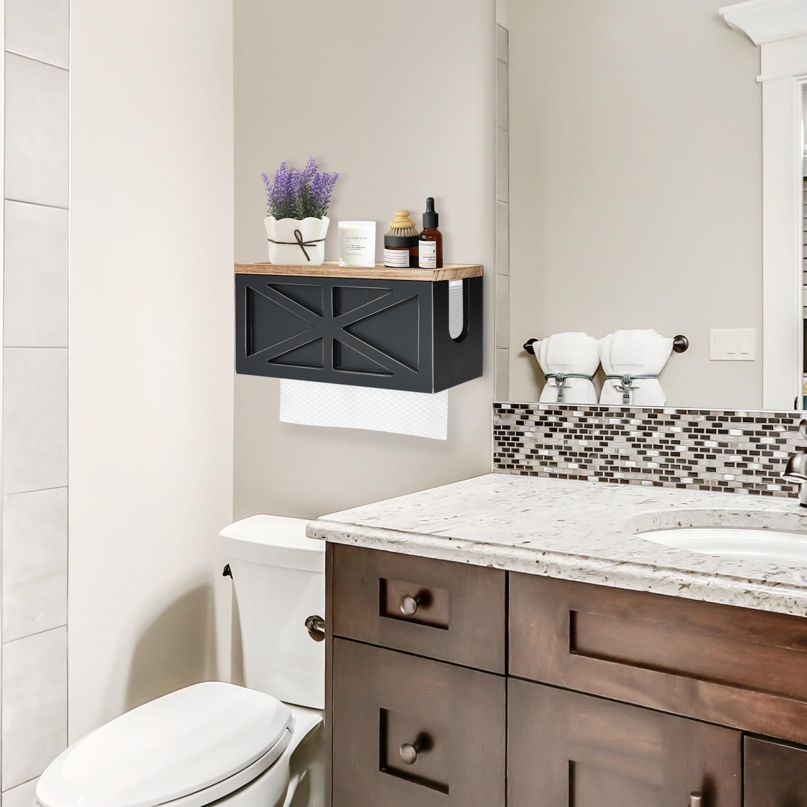 Paper Towel Dispenser Wall Mount, Paper Towel Holder Wall Mounted with Lid, Solid Wood Commercial C-Fold, Z-Fold, Trifold Hand Paper Towel Holder Dispenser Hand Towel Holder for Bathroom Kitchen Decor