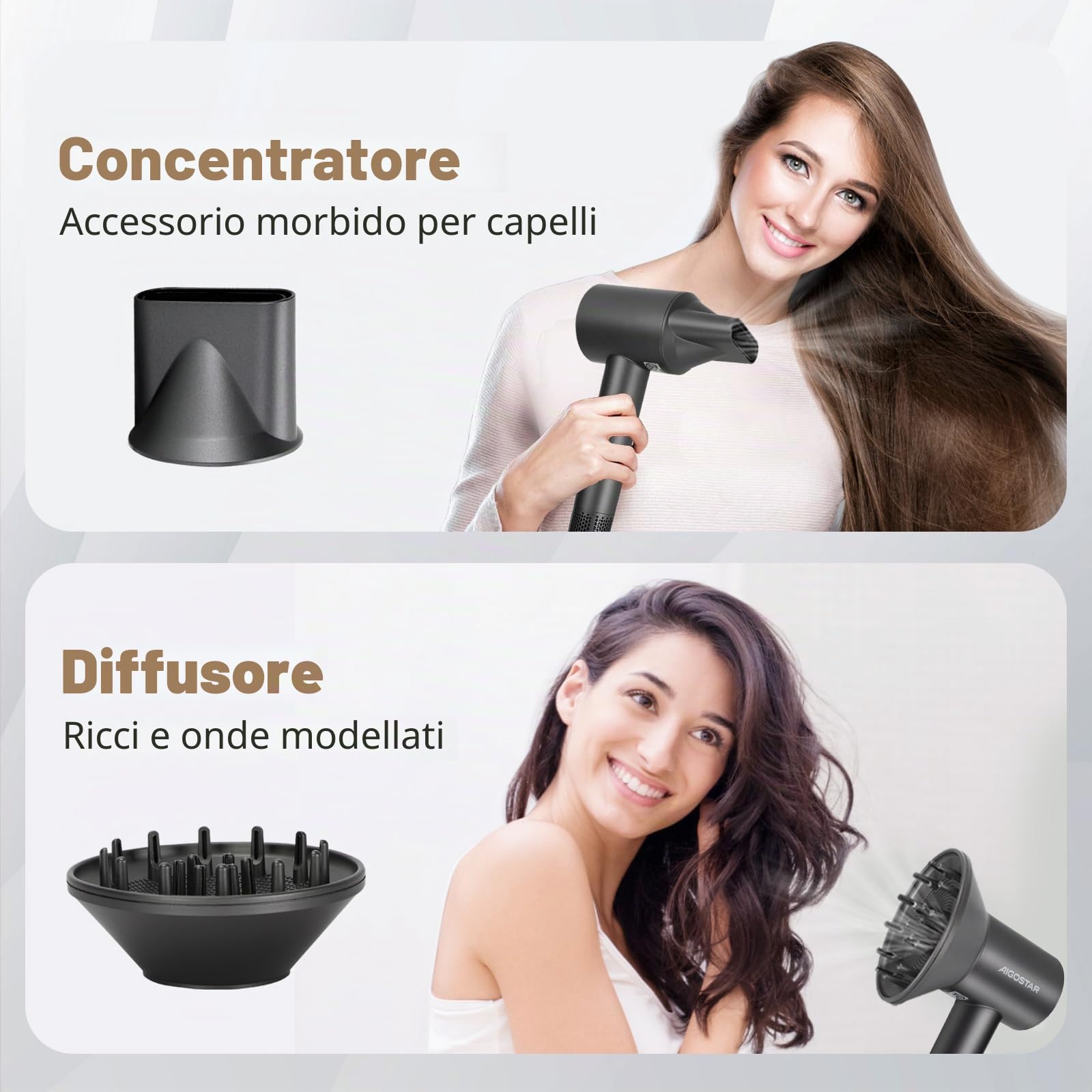 Aigostar Asciugacapelli Ionico con Diffusore, Phon da 200 Milioni di Ioni Negativi, Motore Brushless da 110.000 giri/min per Asciugatura Rapida, Ugello Magnetico, 55dB Silenzioso