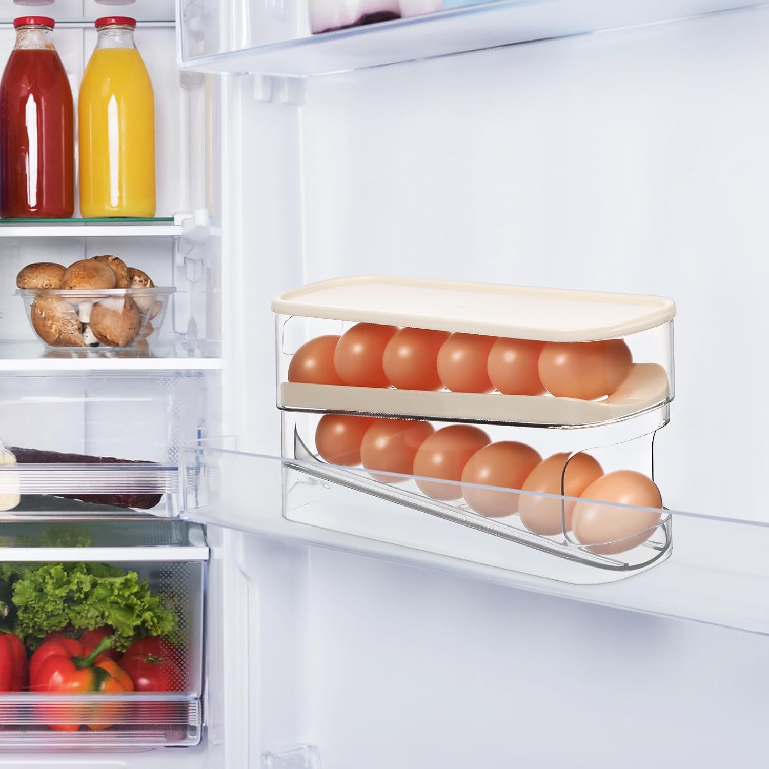 ERINGOGO Space-saving Egg Dispenser Roller Two-tier Plastic Egg Storage Tray Organizer Holder for Refrigerator Kitchen Storage Easy Cleaning and Sturdy