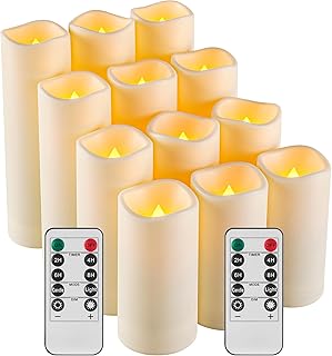 12 Pack Flameless LED Candles with Remote Control and Timer, Battery Operated Outdoor Waterproof Candle, Flashing LED Pillar Candle for Outdoor, Patio, Garden, Home Decoration