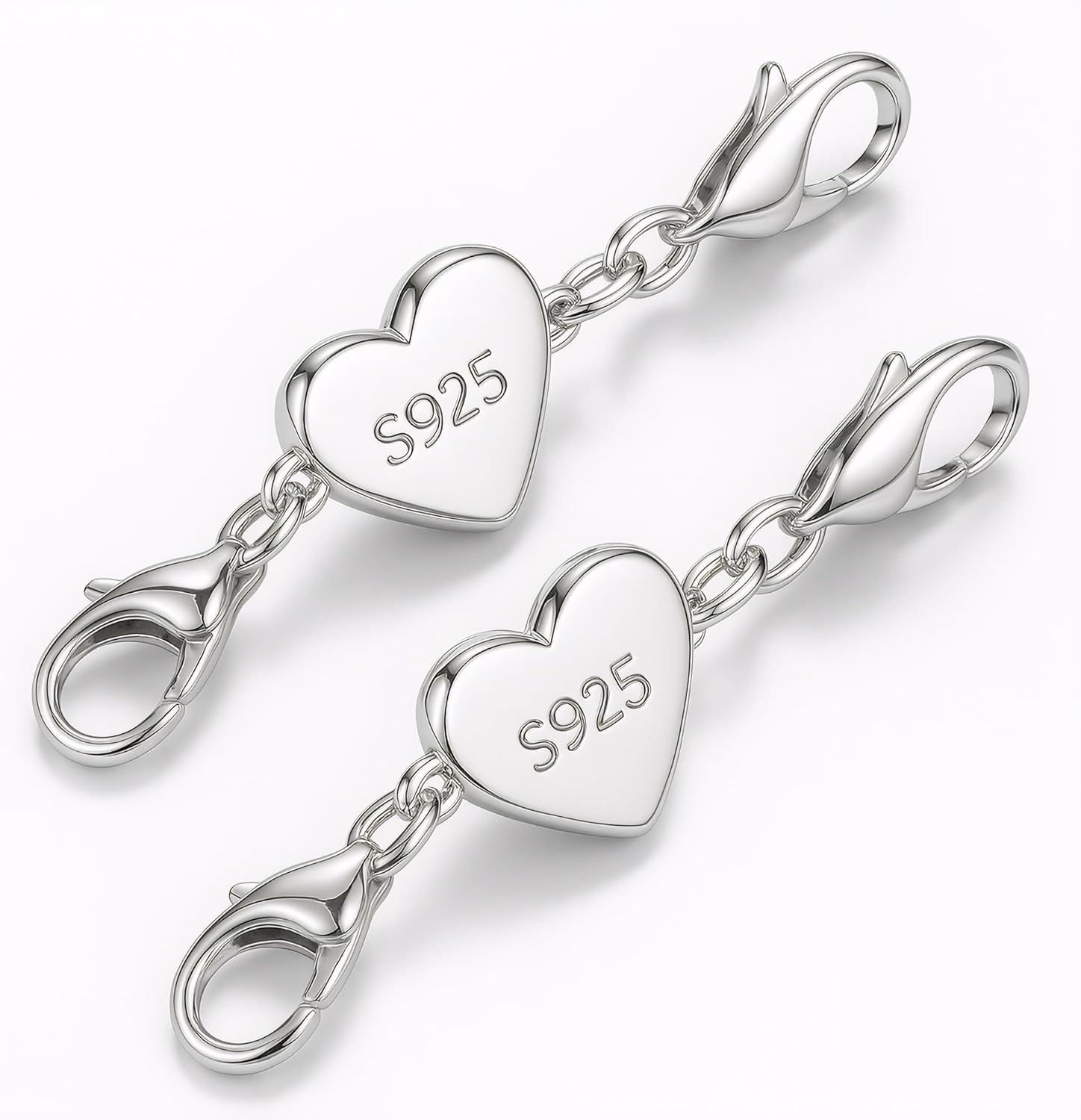925 Sterling Silver Necklace Chain Extender with Heart Magnetic Clasp Strong Closure Bracelet Helper for Women (Silver 2pcs)