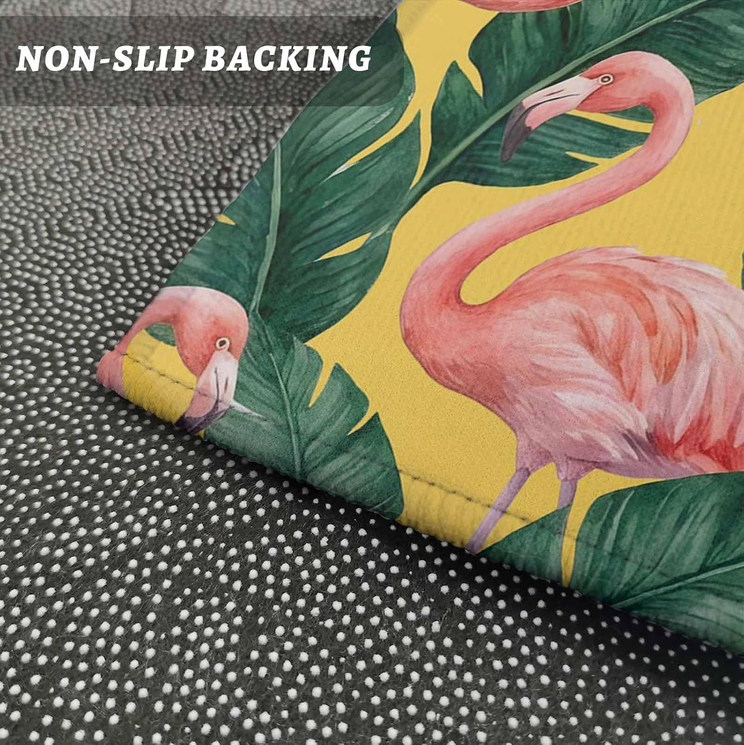 Kitchen Mats for Floor Farm Tropical Flamingo Leaves Washable Non Slip Kitchen Rugs 1PCS, Palm Leaf Pink Animal on Yellow Absorbent Standing Mats for Sink Bathroom Office Living Room 15.7x47.2in