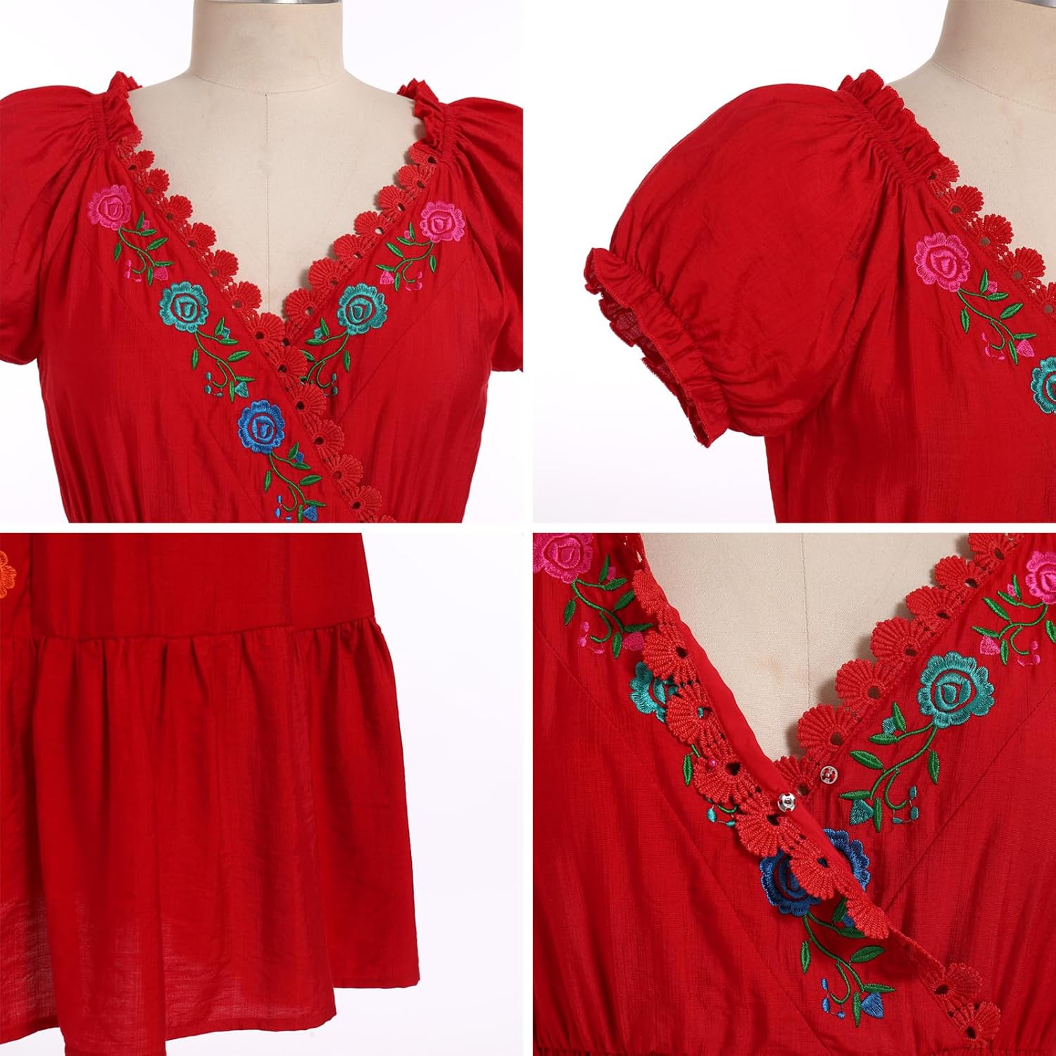Women Mexican Dress Floral Embroidered Traditional Fiesta Dresses Summer V-Neck Short Sleeve Cinco De Mayo Outfits - Image 5