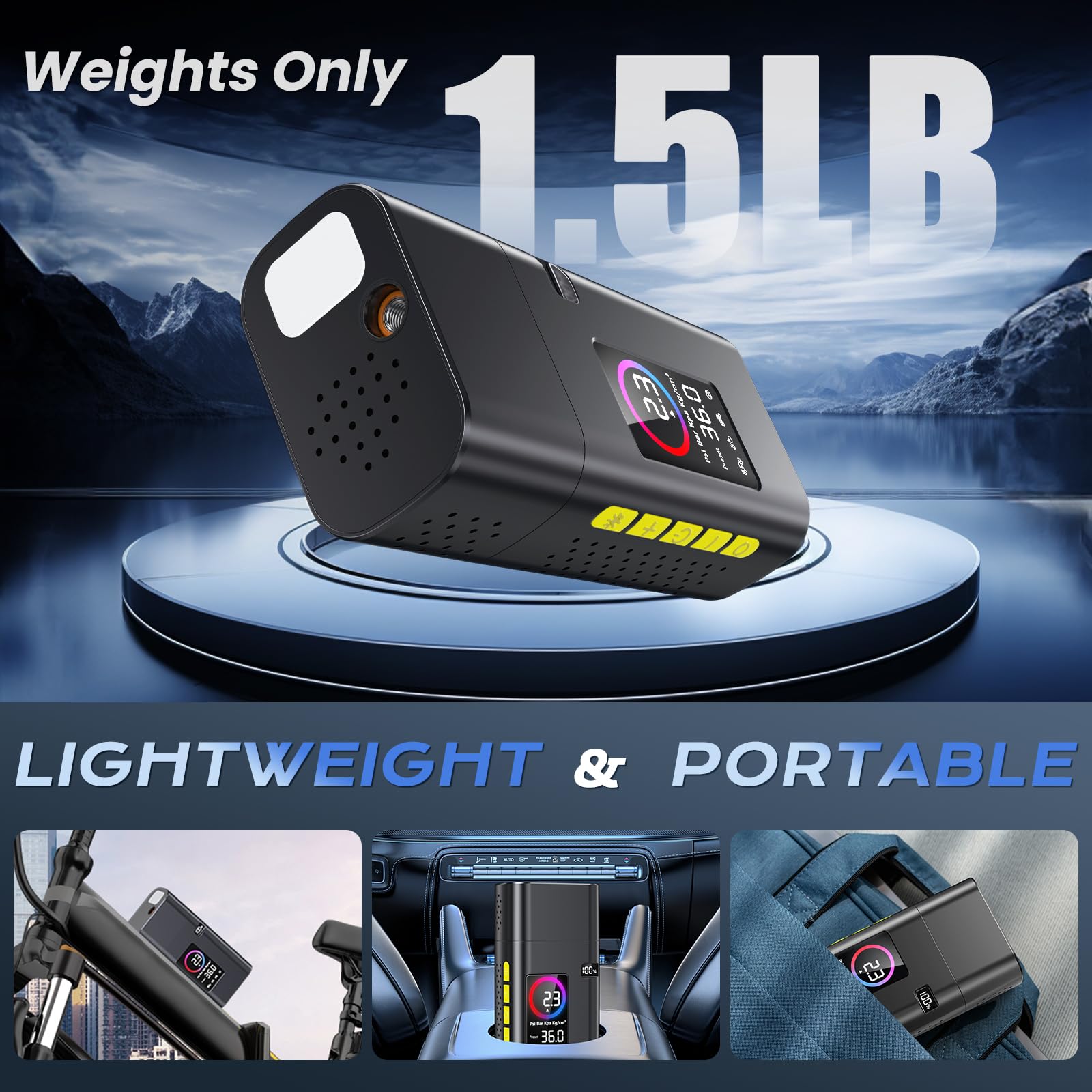 Compresor de aire portátil de inflador de neumáticos de 180 psi, bomba de aire de 26000 mAh para neumáticos de coche, 5 bombas rápidas de bicicleta con medidor de presión digital Lcd / luz LED/banco