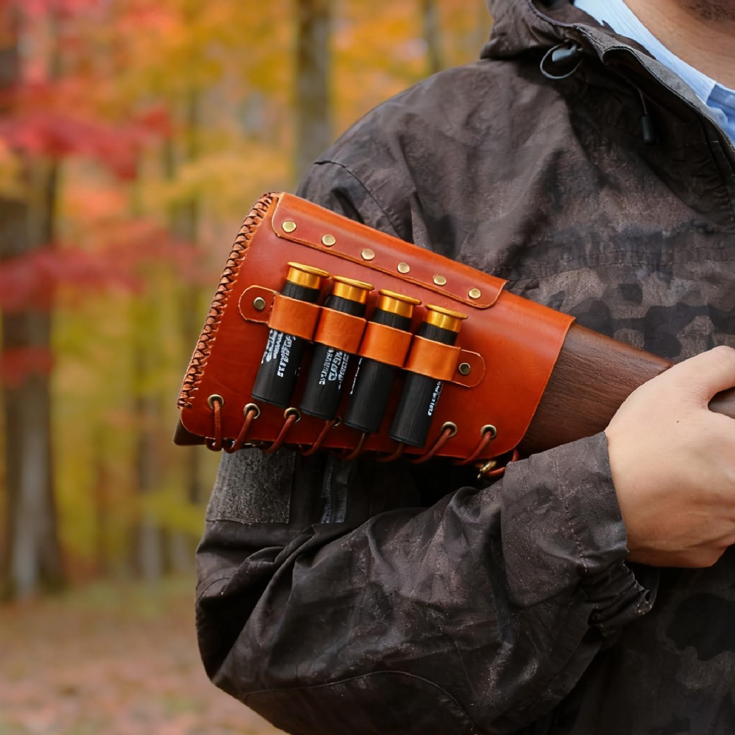 Brown Leather Shot Gun Buttstock Cover with Shell Holder | Handmade Leather Shotgun Stock Protector & Shell Holder
