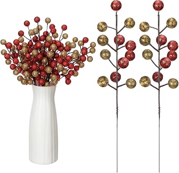 24 Pcs Christmas Tree Decoration Artificial Berry Stems Branches, Christmas Faux Holly Colorful Berries Branches Ornaments red Gold